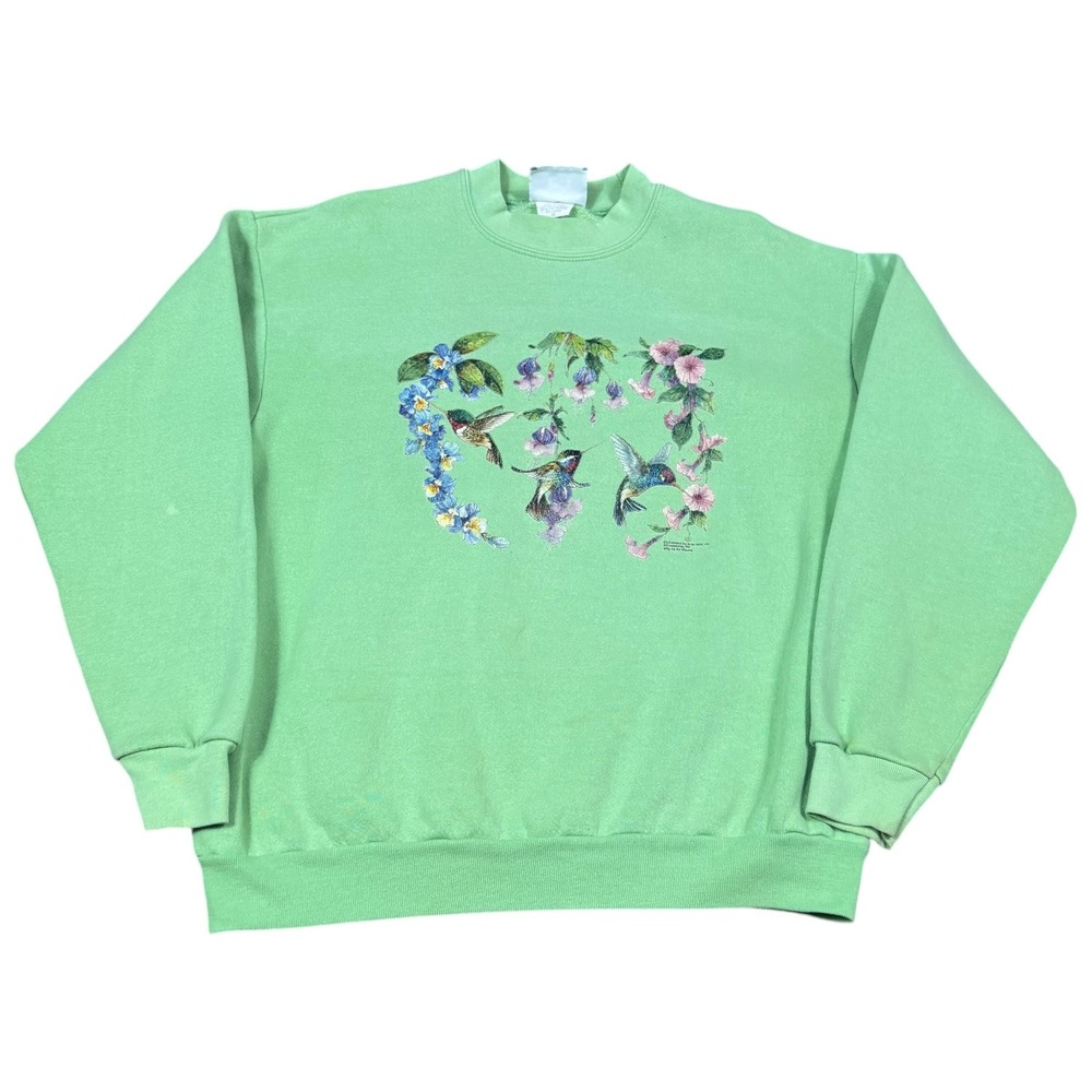 Vintage 90s Lee Hummingbird Flower Nature Green Sweatshirt‎ Women's Medium FLAWS